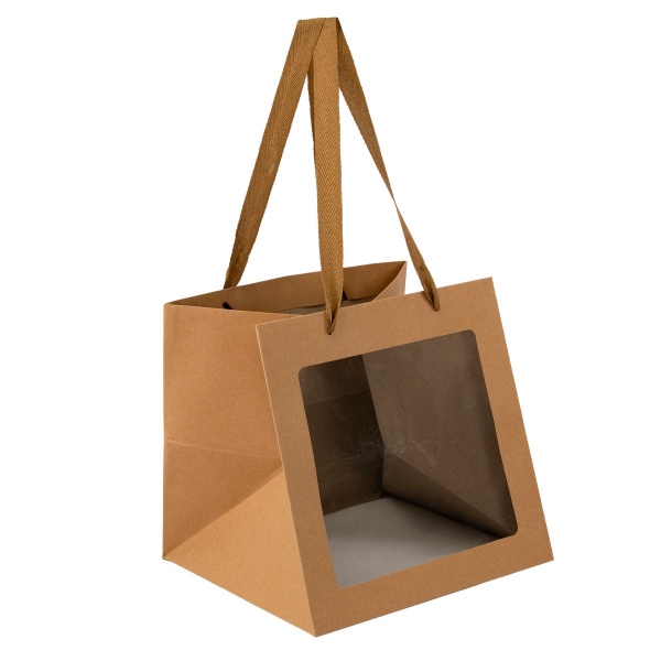 Пакет подарочный с прозрачной вставкой (крафт), 25x25x25см, натуральный