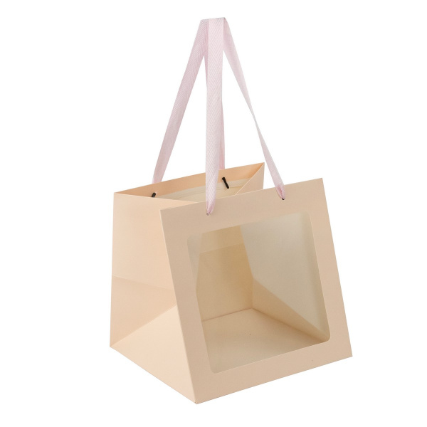 Пакет подарочный с прозрачной вставкой (крафт), 25x25x25см, розовый